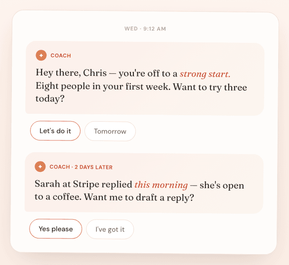 In-app coach messages: a gentle nudge on first-week progress and a reply notification from a contact