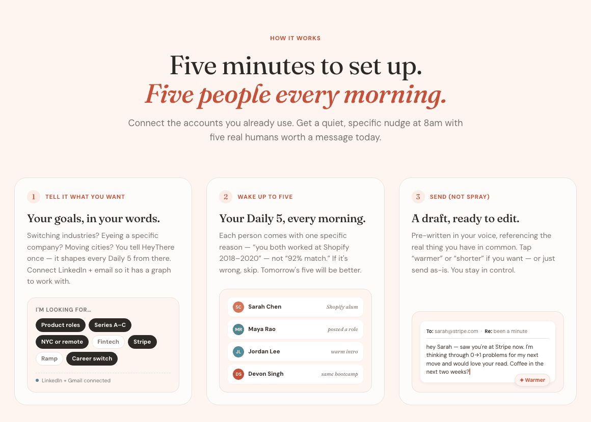 How HeyThere works: set goals, wake up to five intros, send a pre-drafted message