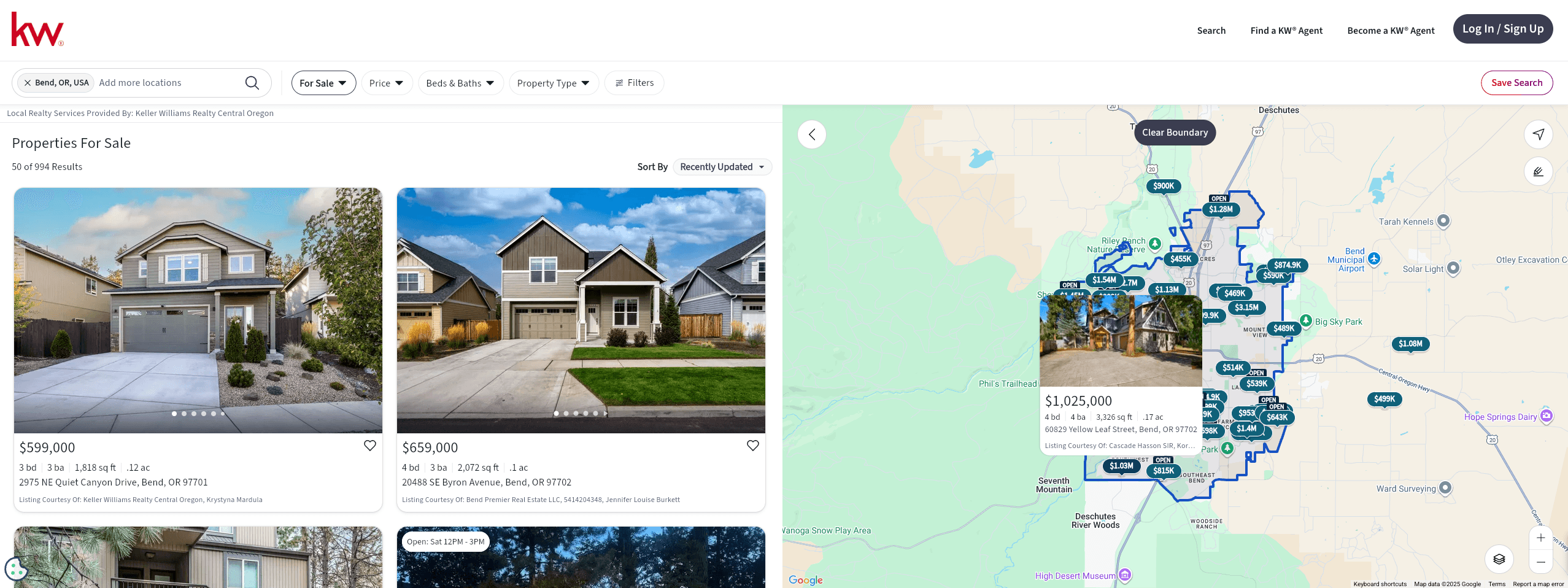 Keller Williams property search interface for Bend, OR