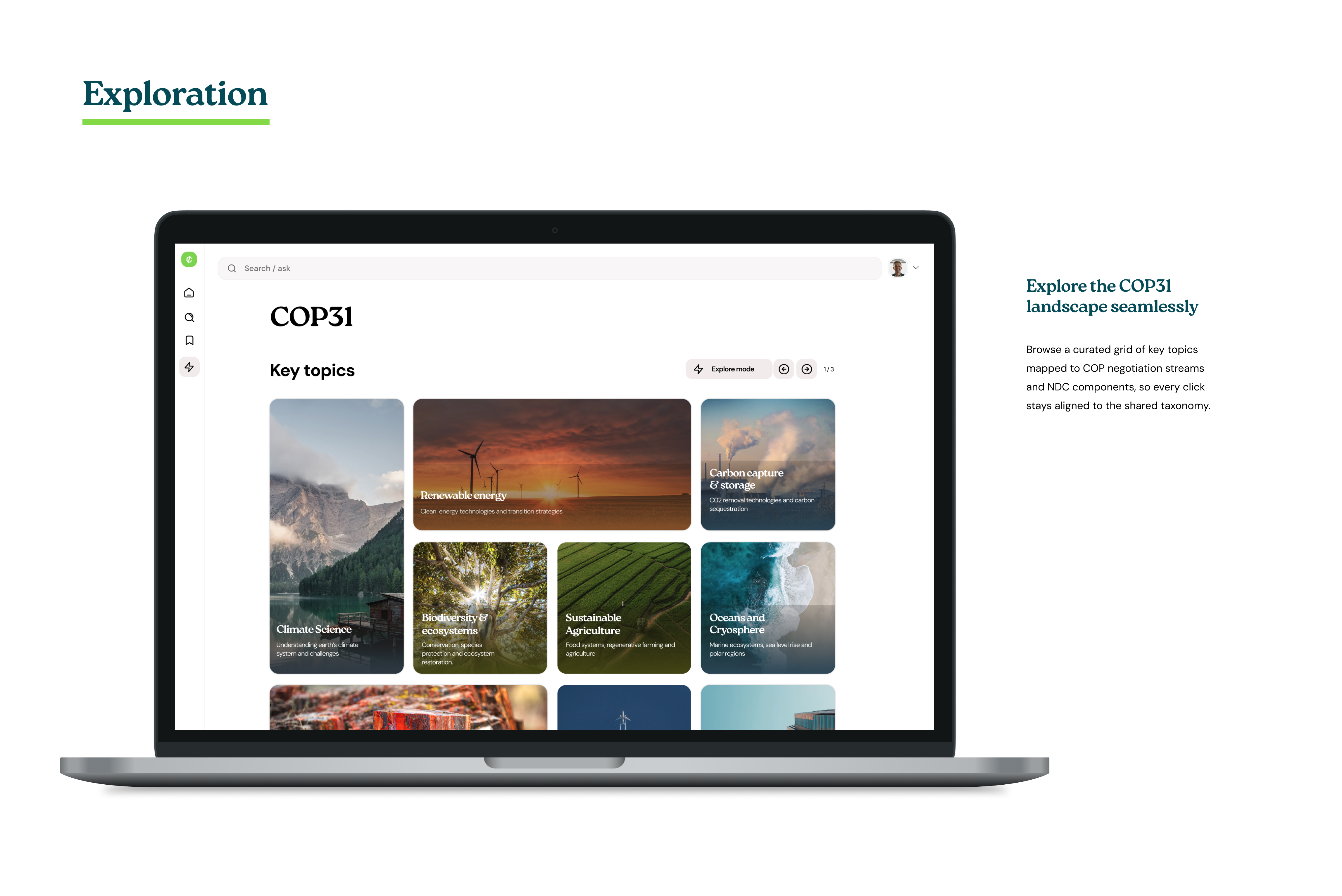 Climatalist COP31 discovery mode with interactive topic grid