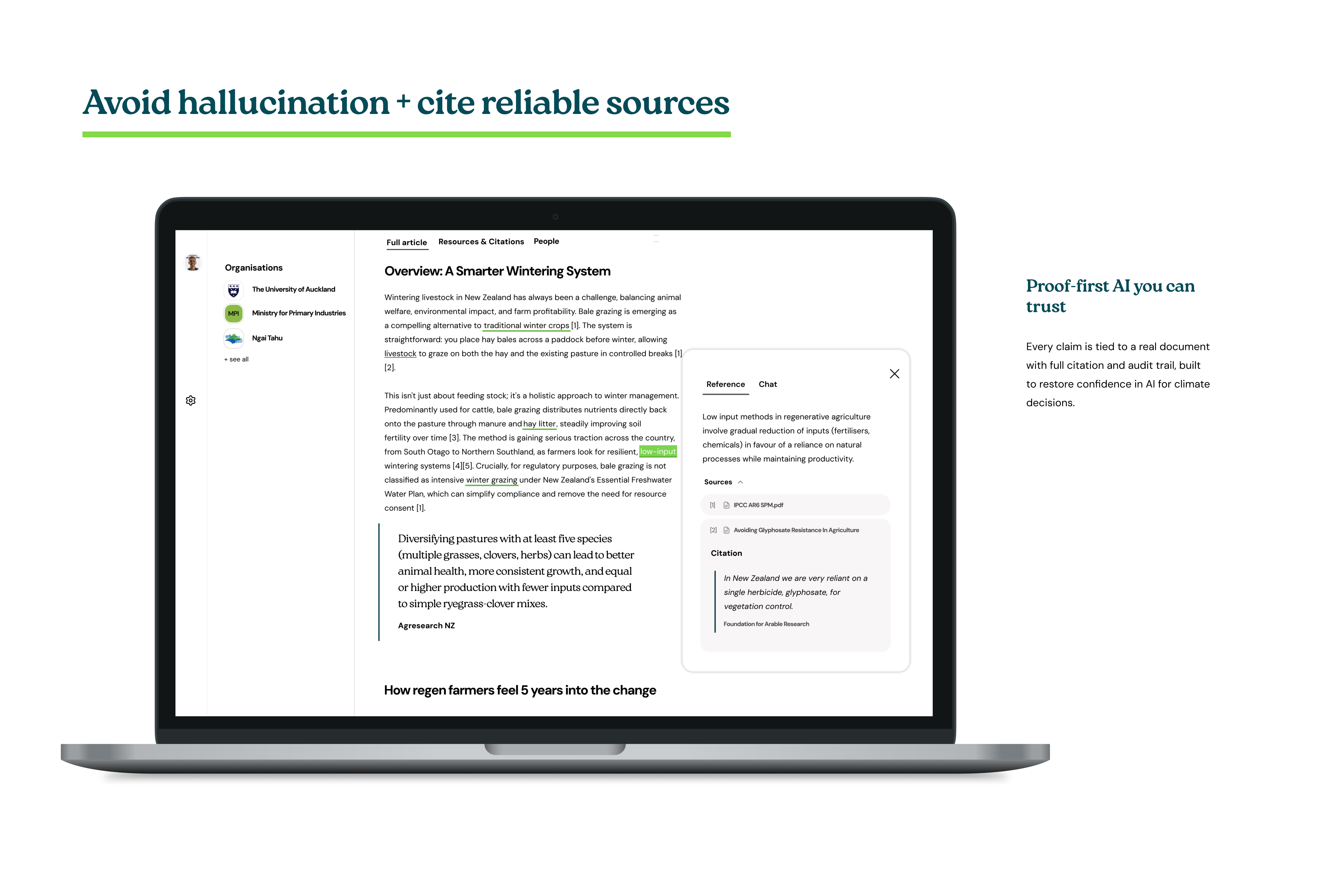 Climatalist article view with citation panel and proof-first AI