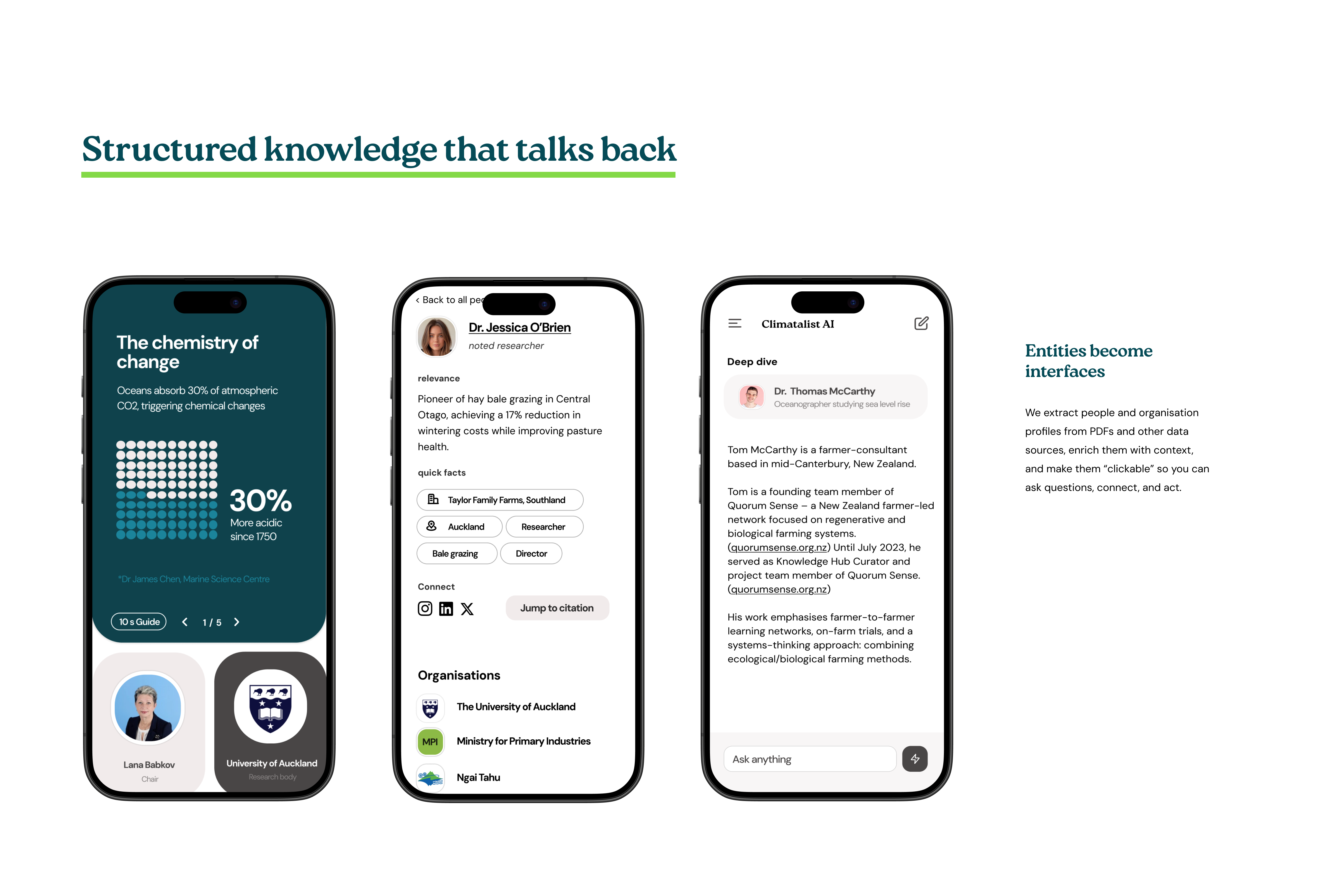 Climatalist mobile guide showing ocean acidification crisis content