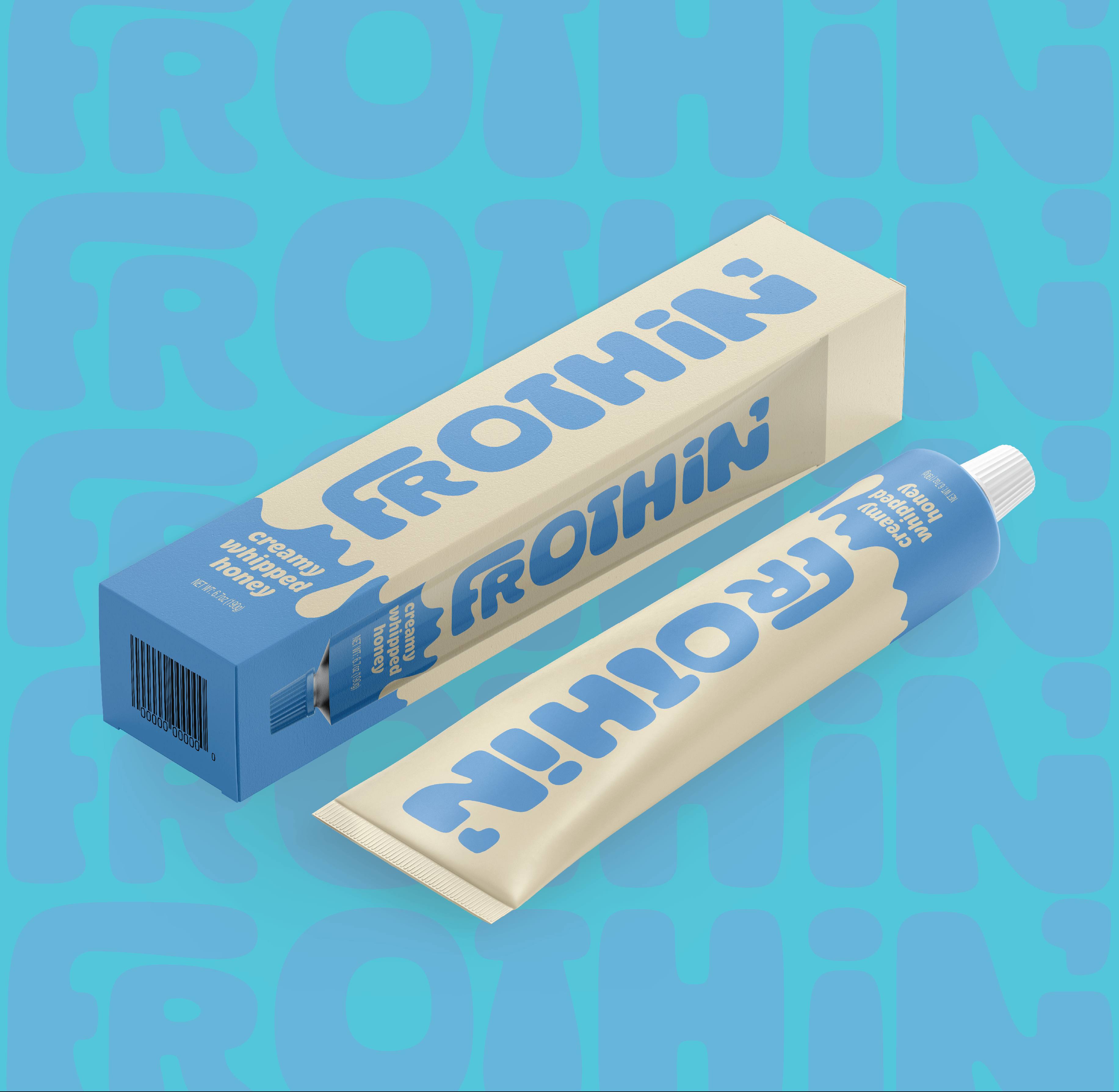 Blue Frothin' tube and box in turquoise background