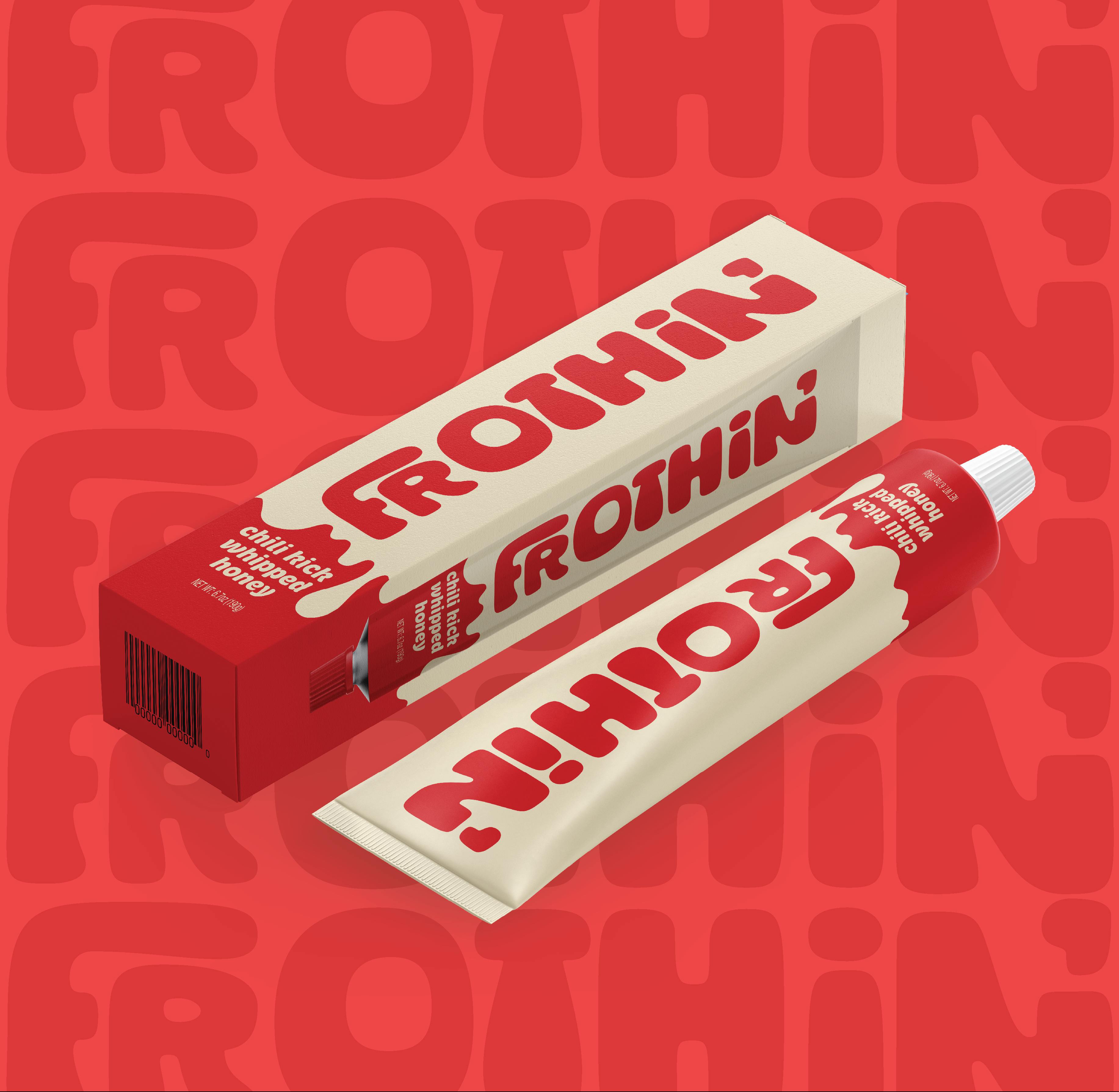 Frothin' red tube packaging on branded background