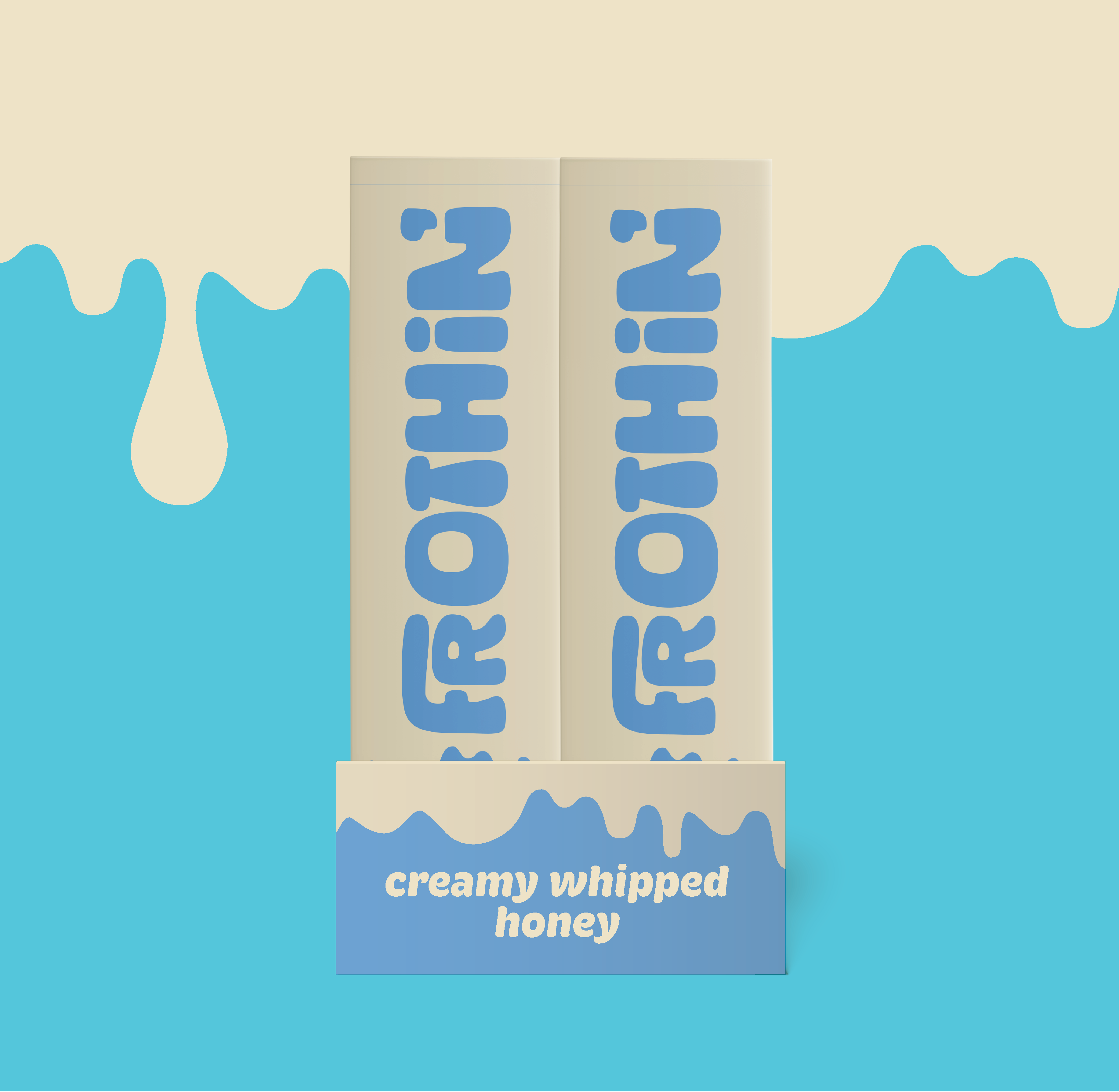 Two Frothin' tubes in blue dripping honey background